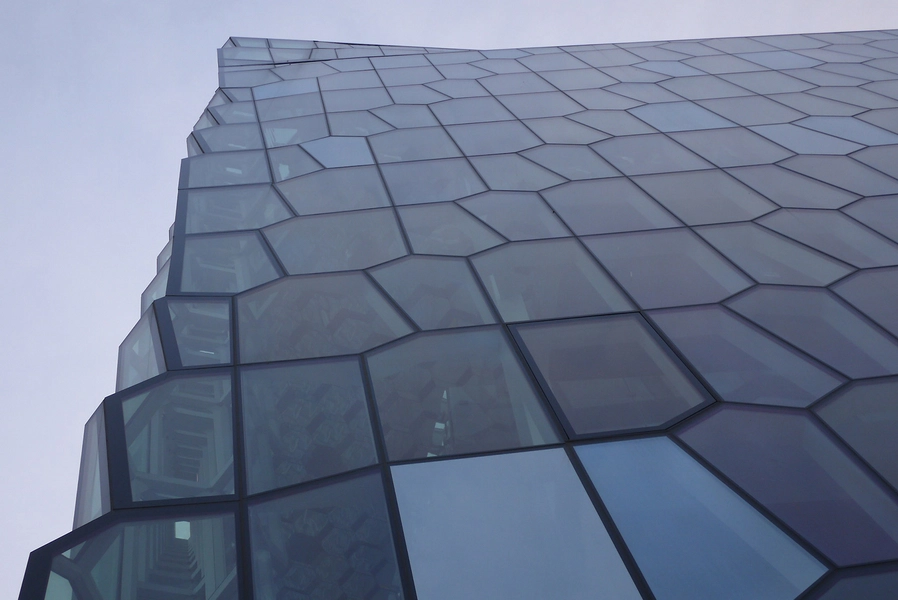 Harpa Detalje, facade, vestfacade møder "quasi bricks" i sydfacaden