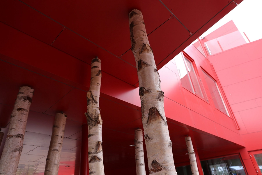 Det Røde Hjørne Detalje, metalplader, birkestammer i indgangsparti