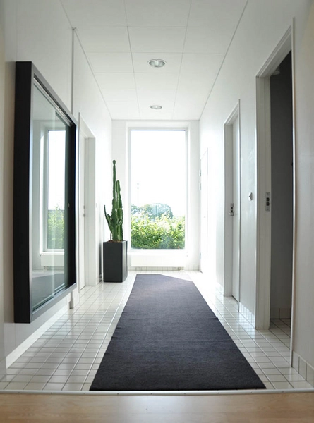 Miele Showroom Kig fra bygningens indre ud gennem vindue mod parkeringspladsen