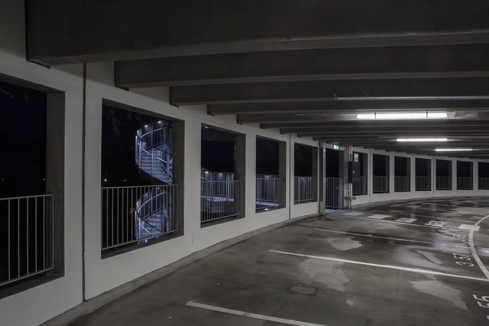 P-Hus Glostrup Hospital Spiralens indre med brandtrappen i baggrunden