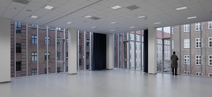 Sundbyøsterhal 2 Interiør fra aktivitetsrum set mod hjørnet af Lille Parmagade/Parmagade