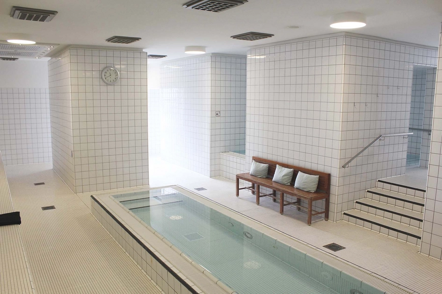 Badeanstalten Spanien Det centrale spaområde, med lavt varmvandsbassin og udkig til svømmehallen.