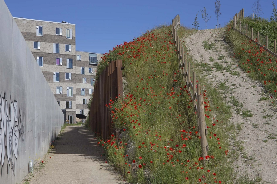 Margretheholm - Udsigten Blik fra sydøst, støttemur og støjvold