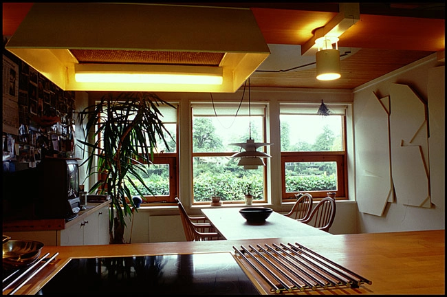 Sjølund Udsigt fra den åbne køkkensektion over spisestuen og videre ud mod parken.