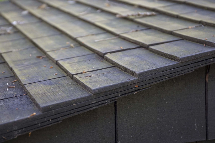 Skrubbe og Stenbider Shelters Detalje, tag, træspån