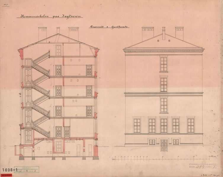 Jagtvejens Skole (Nørrebro Park Skole) Tværsnit og gavlfacade
