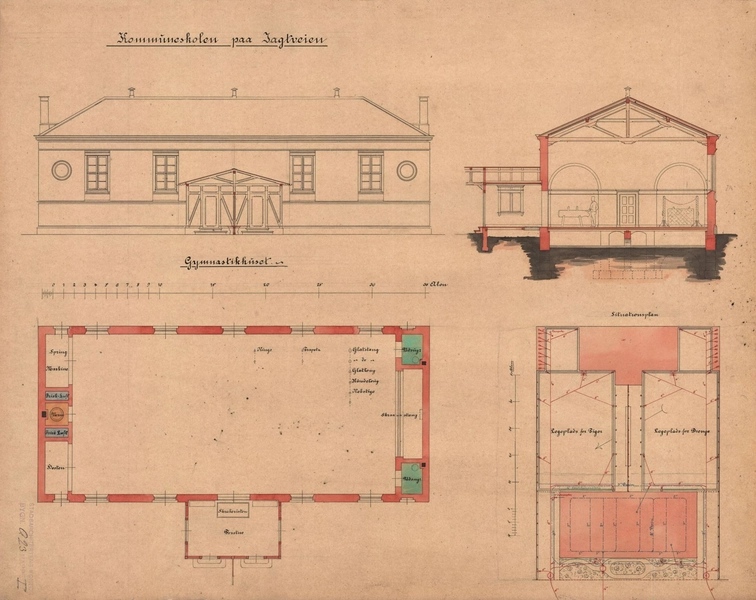 Jagtvejens Skole (Nørrebro Park Skole) Kommuneskolen på Jagtvejen, Gymnastikhuset, plan, snit og opstalt samt situationsplan
