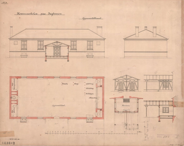 Jagtvejens Skole (Nørrebro Park Skole) Kommuneskolen på Jagtvejen, Gymnastikhus: plan, snit samt facade