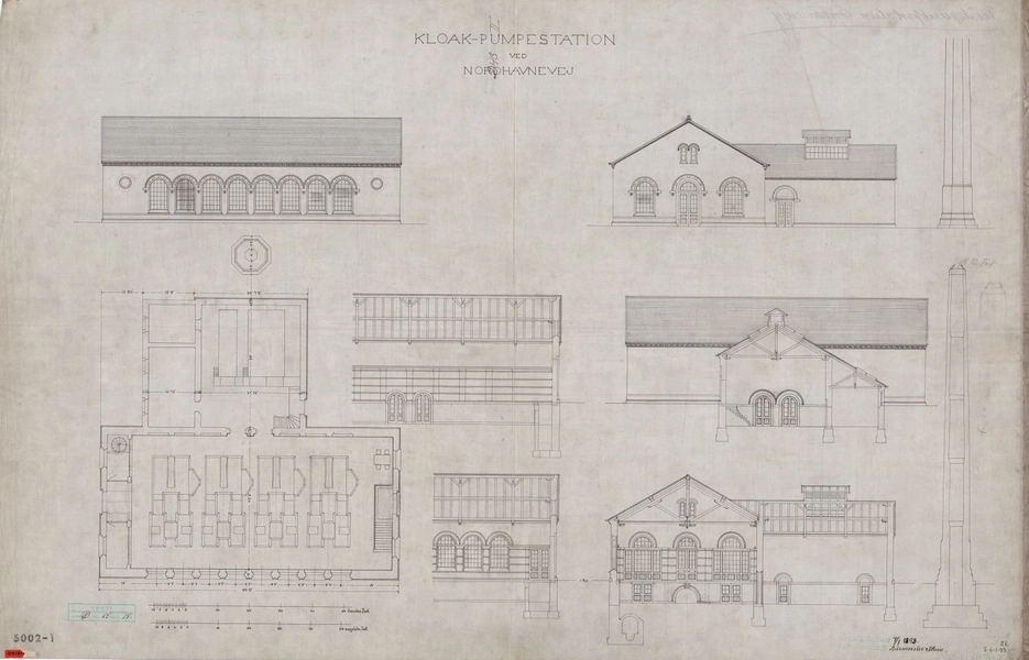 Kloakpumpestation, Præstøgade Plan, snit og facader