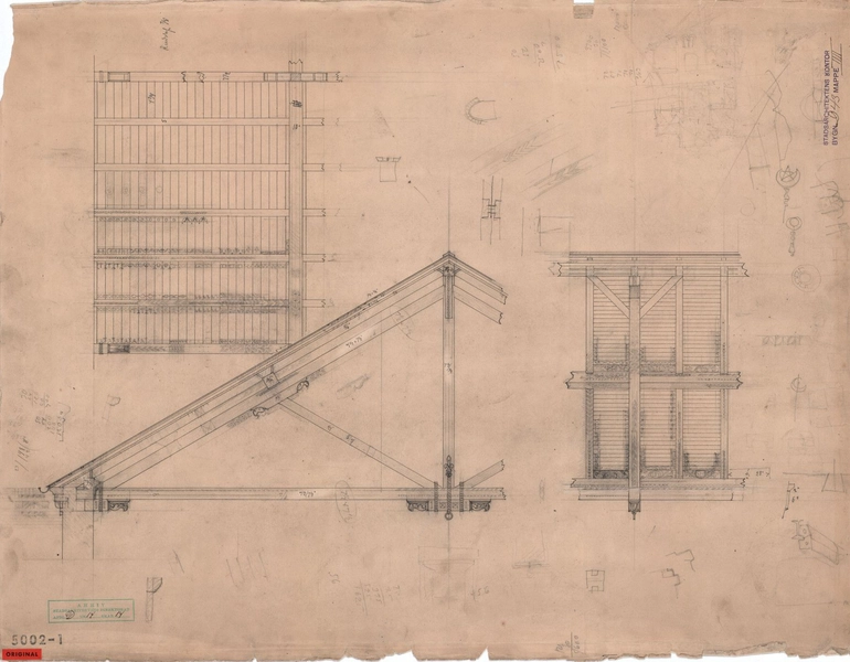 Kloakpumpestation, Præstøgade Detailler. Snit (dekorationer,beslag og bjælkedimensioner.)