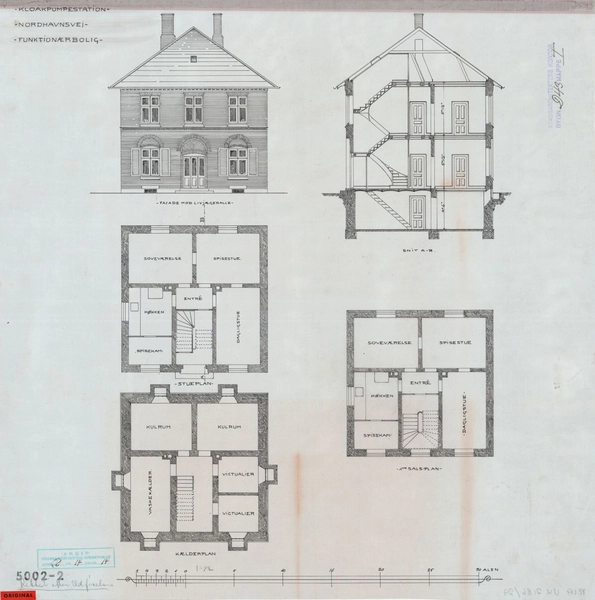 Kloakpumpestation, Præstøgade Funktionærbolig:plan, snit og facade