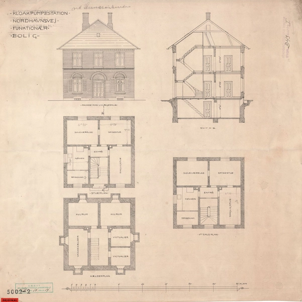 Kloakpumpestation, Præstøgade Funktionærbolig: plan, snit og facade