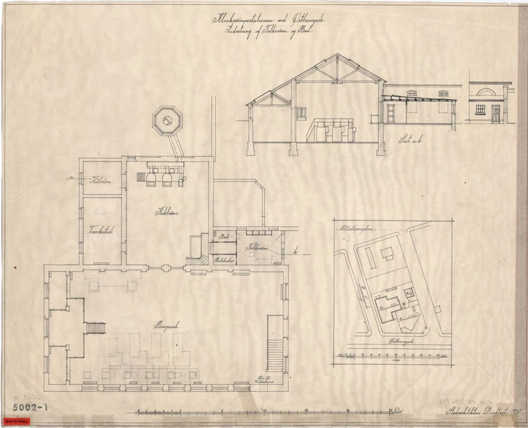 Kloakpumpestation, Præstøgade Plan og snit: indretning af folkerum og bad