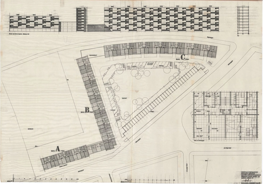 Bellmansgade-Borgervænget Skitseforslag til boligbebyggelse, plan, snit og opstalt