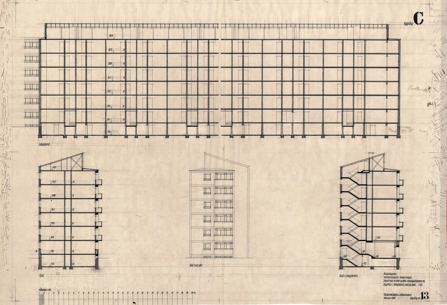 Bellmansgade-Borgervænget Bygning C, længdesnit, snit og gavl