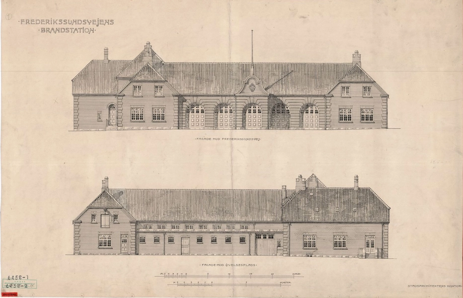 Tomsgårdens Brandstation Hovedbygning. Facade mod gade og mod øvelsesplads