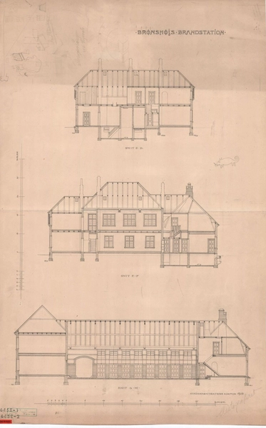 Tomsgårdens Brandstation Hovedbygning. Snit C-D, E-F, G-H