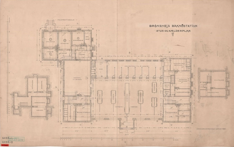 Tomsgårdens Brandstation Hovedbygning. Etageplan af kælder og stueplan