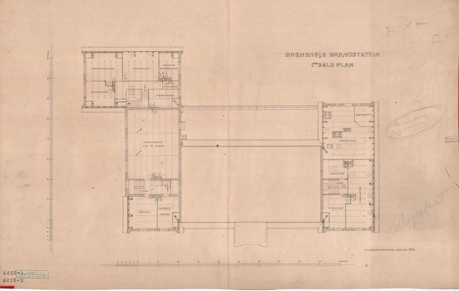 Tomsgårdens Brandstation Hovedbygning. Plan af 1ste sal