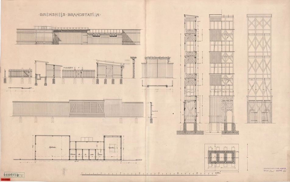 Tomsgårdens Brandstation Øvelsestårn, cykelskure m.m. Plan, snit og opstalt