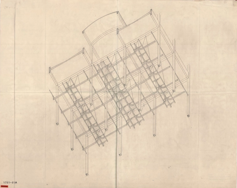 Flæskehallen, Kødbyen Bygning 1, Kød -og flæskehal, aksonometrisk afbildning, skinnesystem