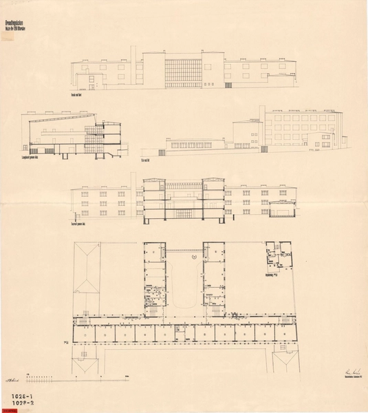 Grundtvigskolen (Tagensbo Skole) Facade m. nord, længde -og tværsnit gennem aula