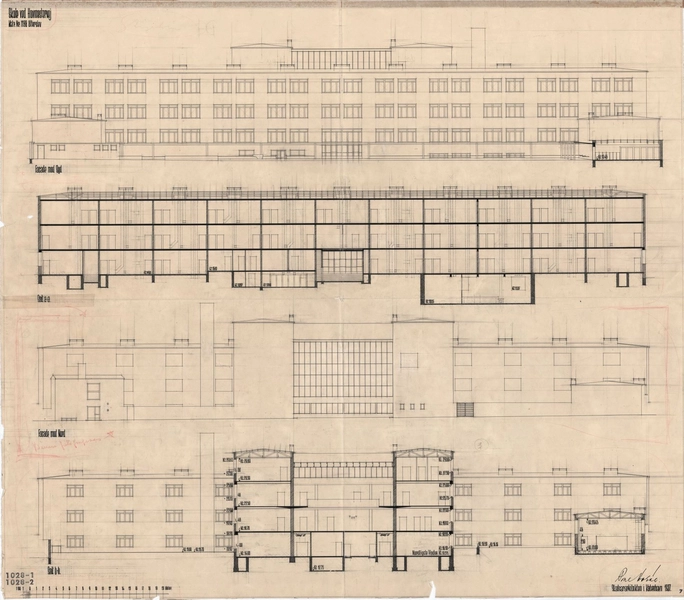Grundtvigskolen (Tagensbo Skole) Facade mod syd og nord samt snit a-a og b-b