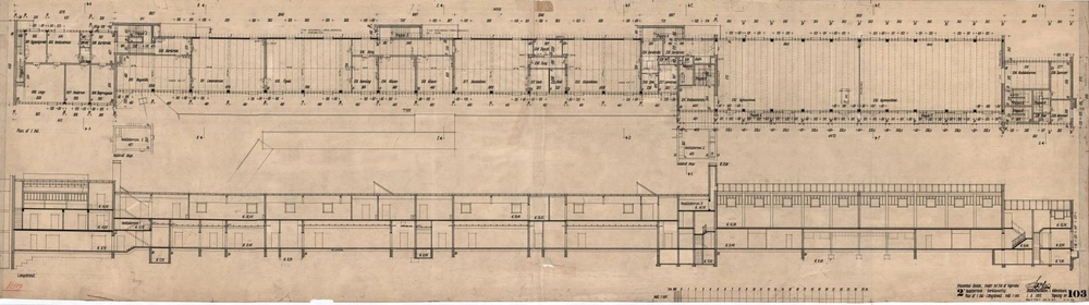 Hanssted Skole Særklassefløj, plan af 1.sal samt længdesnit