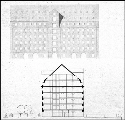 Det Blå pakhus Facade og snit