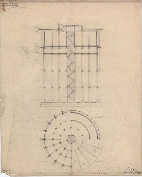 Brønshøj Vandtårn (Københavns Stadsarkiv) Plansnit og lodret snit