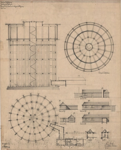 Brønshøj Vandtårn (Københavns Stadsarkiv) Plan og snit af tårnet samt vedliggende træbygning