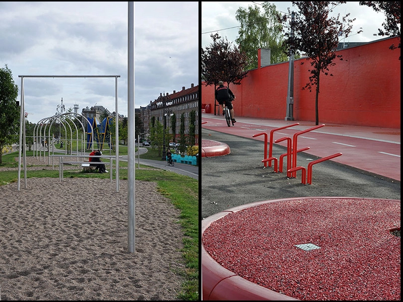 Superkilen Legestativer/parkourbane i Den Grønne Park og cykelsti i den røde zone