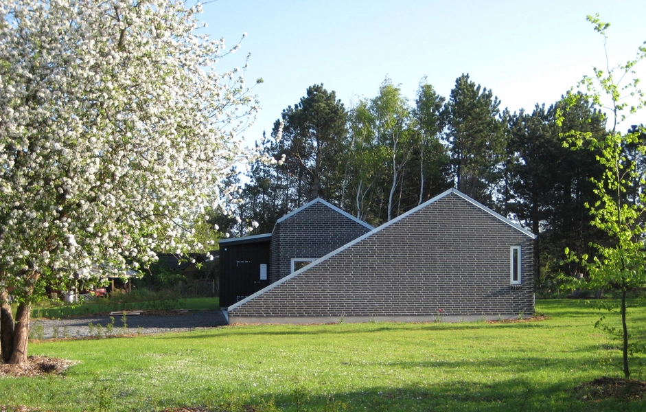 S-huset S-huset med æbletræ i blomst
