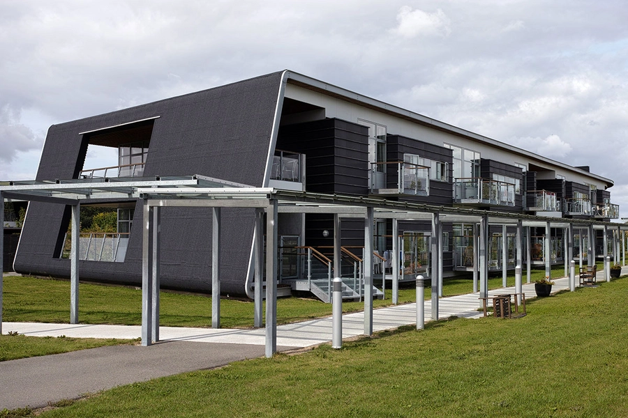 Symfonien plejeboliger og center Facadeudsnit, tag-gavl-dæk-element, landskabsarkitektur